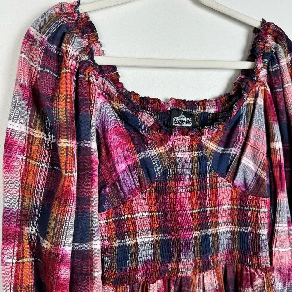 Angie Plaid Flannel Long Sleeve Dress Ruffle Hem Bleach Effect Size S Smocked